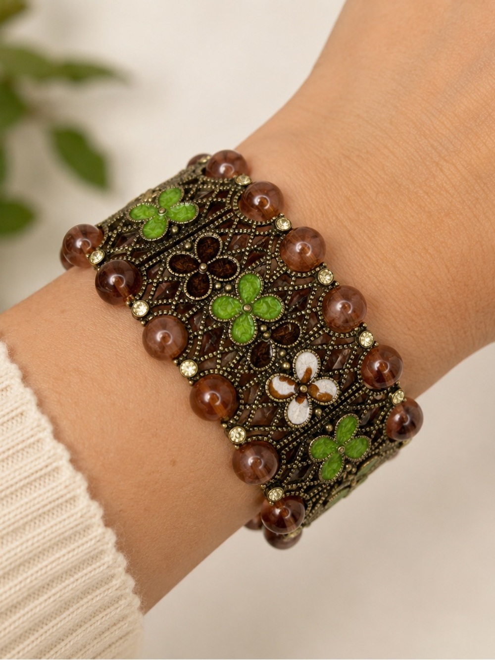 Vintage Floral Filigree Wide Bracelet | Green Enamel & Brown Bead Statement Cuff